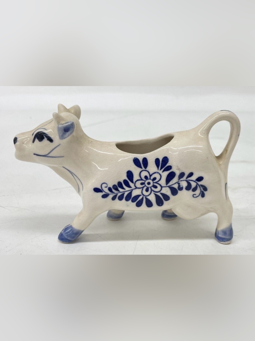 Vintage Hand-Painted Blue & White Ceramic Cow Creamer 🐄
